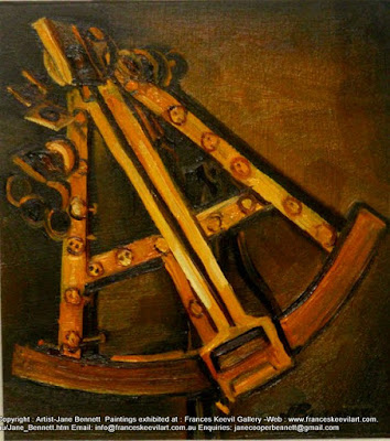 Miniature still life oil painting of sextant, antique navigation instrument, oil painting by artist Jane Bennett